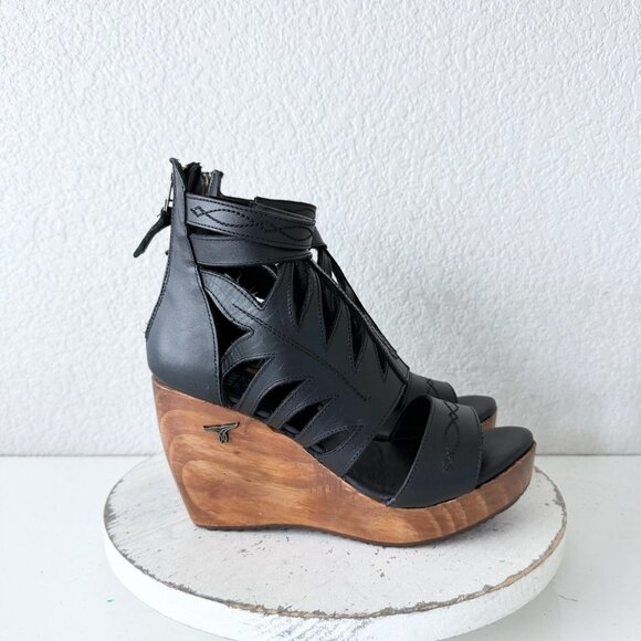 Lane Boots BECCA Womens Black Wedges 8.5 Western Sandals Cowgirl Wooden Heels - Picture 2 of 10